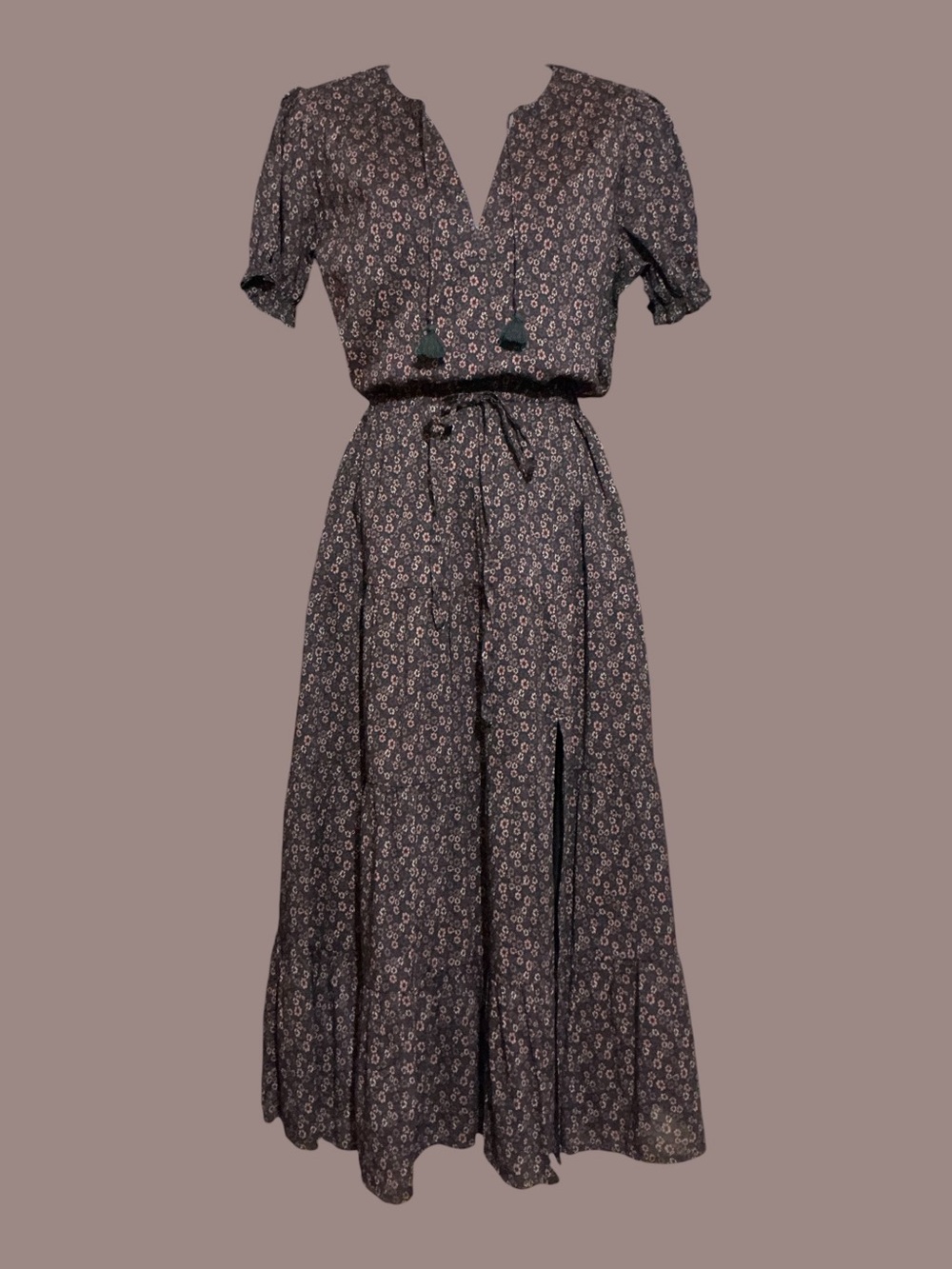 PAIGE Siera Floral Midi Dress Size 6 Black Multi Tassel Tie